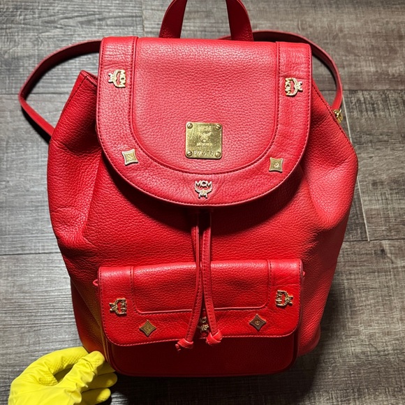 MCM Handbags - VTG MCM  Red Leather Backpack with Gold Accents